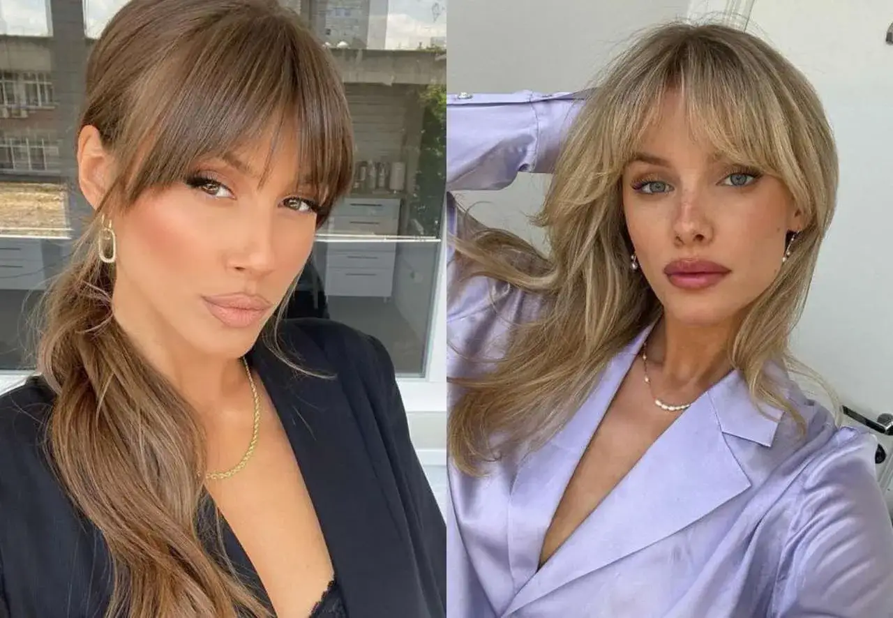 Dos mujeres con diferentes tipos de flequillo: una morena con flequillo recto y otra rubia con flequillo desfilado.