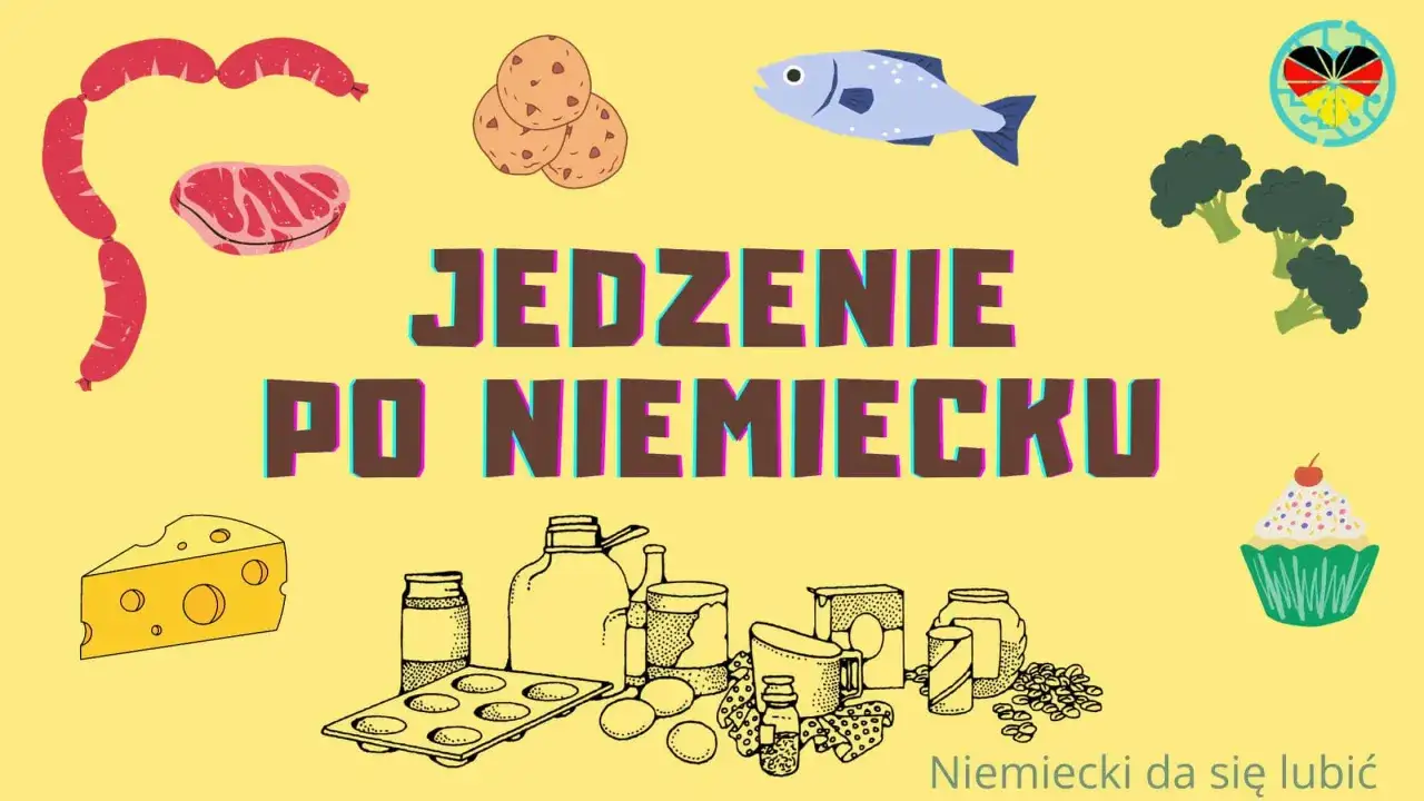 Kolorowe ilustracje jedzenia: kiełbaski, mięso, ziemniaki, ryba, brokuły, ser, ciastko i składniki do pieczenia. Napis