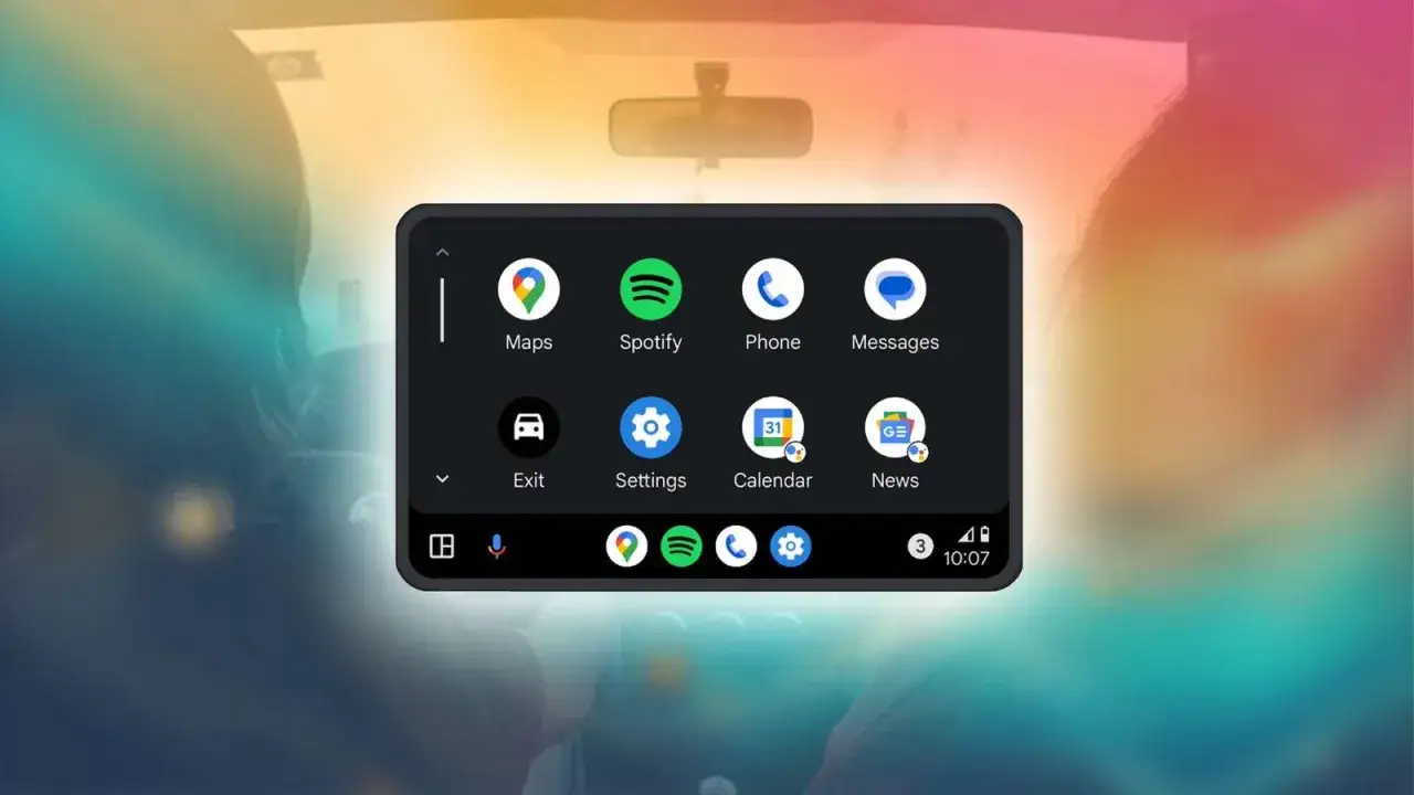 Ekran Android Auto pokazuje ikony aplikacji: Mapy, Spotify, Telefon, Wiadomości, Ustawienia, Kalendarz i Wiadomości.
