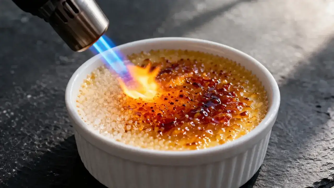 La flamme d'un chalumeau caram&eacute;lise le sucre d'une cr&egrave;me br&ucirc;l&eacute;e, &eacute;tape cl&eacute; de la v&eacute;ritable recette cr&egrave;me br&ucirc;l&eacute;e.