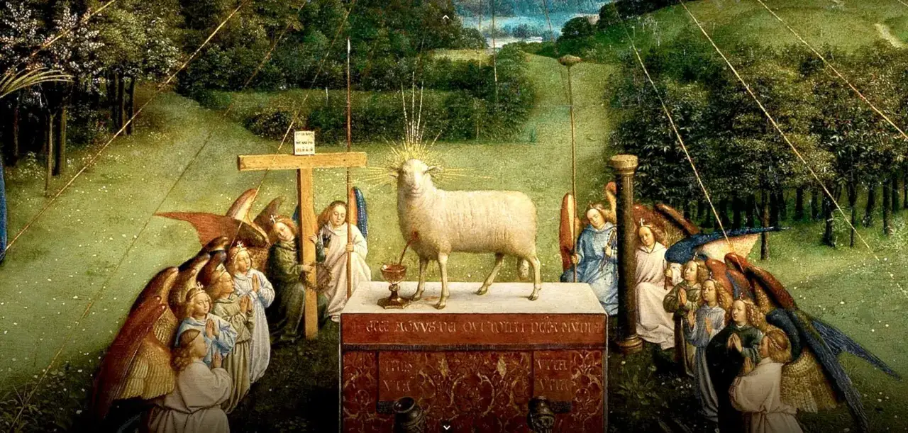 Behold the lamb of God, a radiant sheep with a halo, standing before an altar. Angels gather, some with wings, in a lush, green landscape.