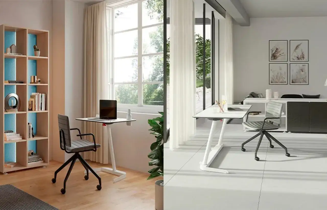 Moderno despacho en casa con estantería de madera, escritorio blanco y silla ergonómica. Ideal para trabajar cómodamente.