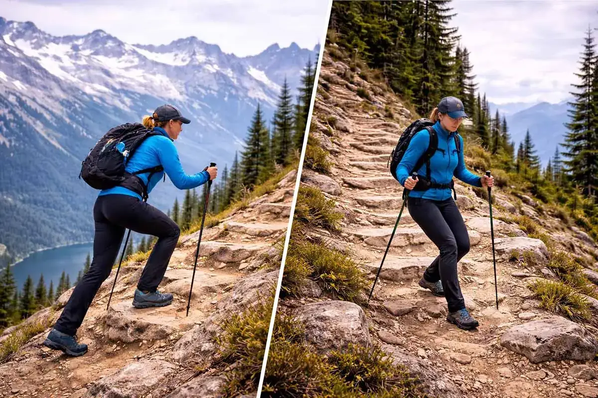 Randonneuse en montagne, pour ou contre les b&acirc;tons de randonn&eacute;e ? L'un aide &agrave; monter, l'autre &agrave; descendre.