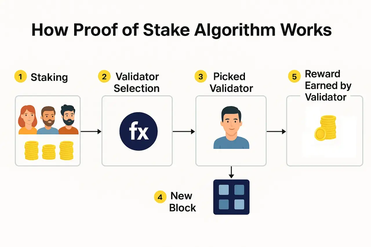 Schema erkl&auml;rt Proof of Stake: Staking, Validator-Auswahl, ausgew&auml;hlter Validator erstellt neuen Block, Belohnung.
