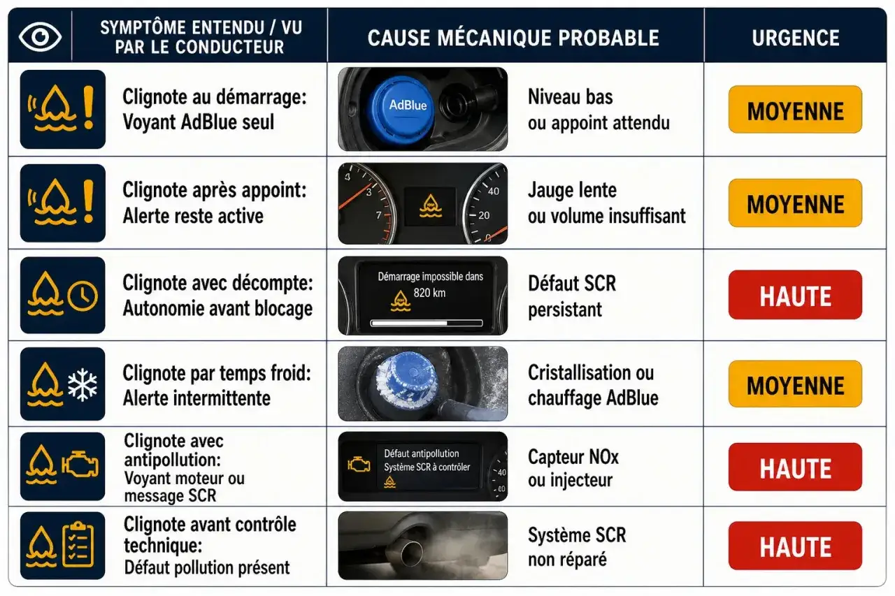 Tableau expliquant les causes d'une voiture qui clignote toute seule, notamment pour le voyant AdBlue, avec des niveaux d'urgence.