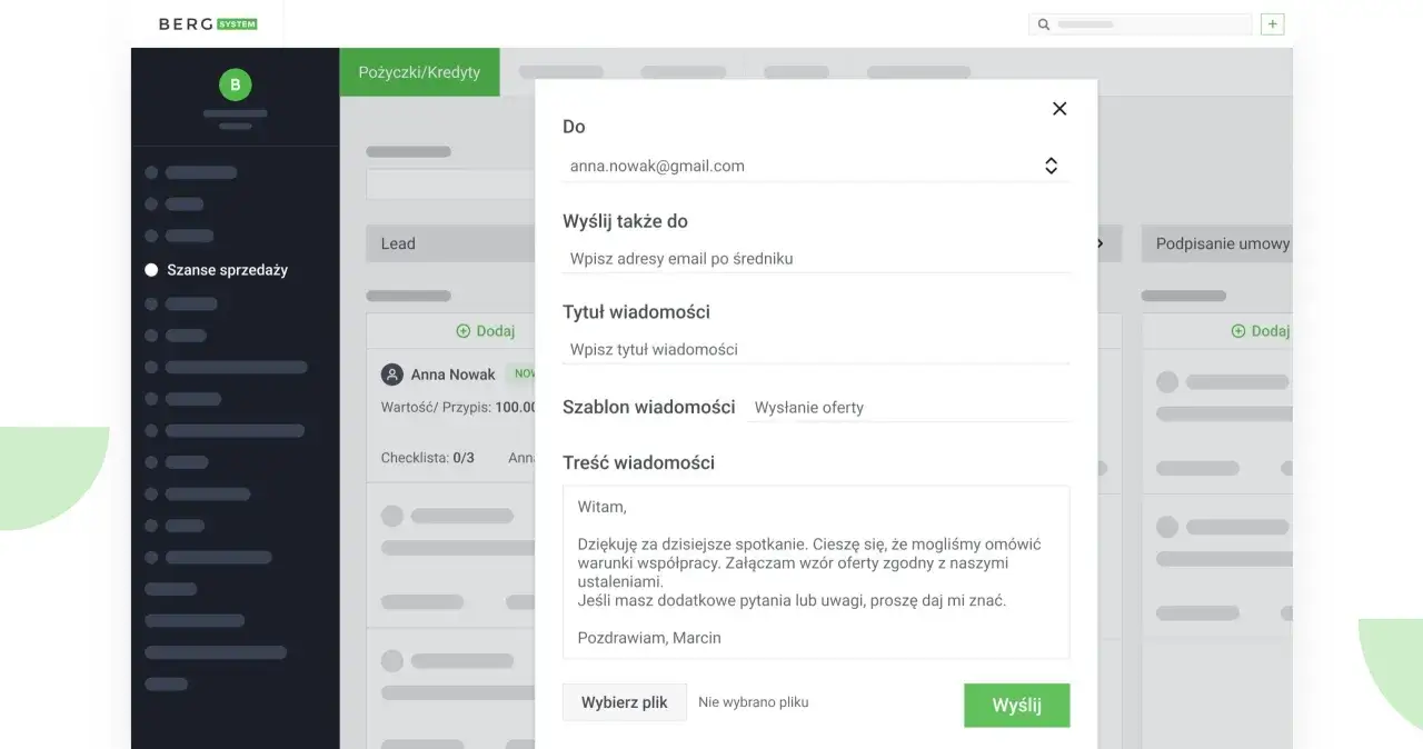 Marcin wysyła e-mail z ofertą do Anny Nowak. Follow up po spotkaniu.
