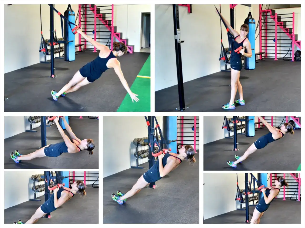 Frau macht Inverted Rows mit TRX-B&auml;ndern. Sie h&auml;lt sich an den Griffen fest und zieht ihren K&ouml;rper nach oben.