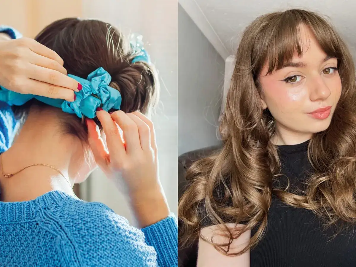 Schöne Locken selber machen mit einem Scrunchie. Die Frau wickelt ihr Haar für voluminöse Wellen.