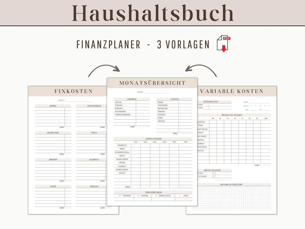 Haushaltsbuch mit Vorlagen f&uuml;r Fixkosten, variable Ausgaben und Monats&uuml;bersicht. Hilft, monatliche Kosten senken zu planen.
