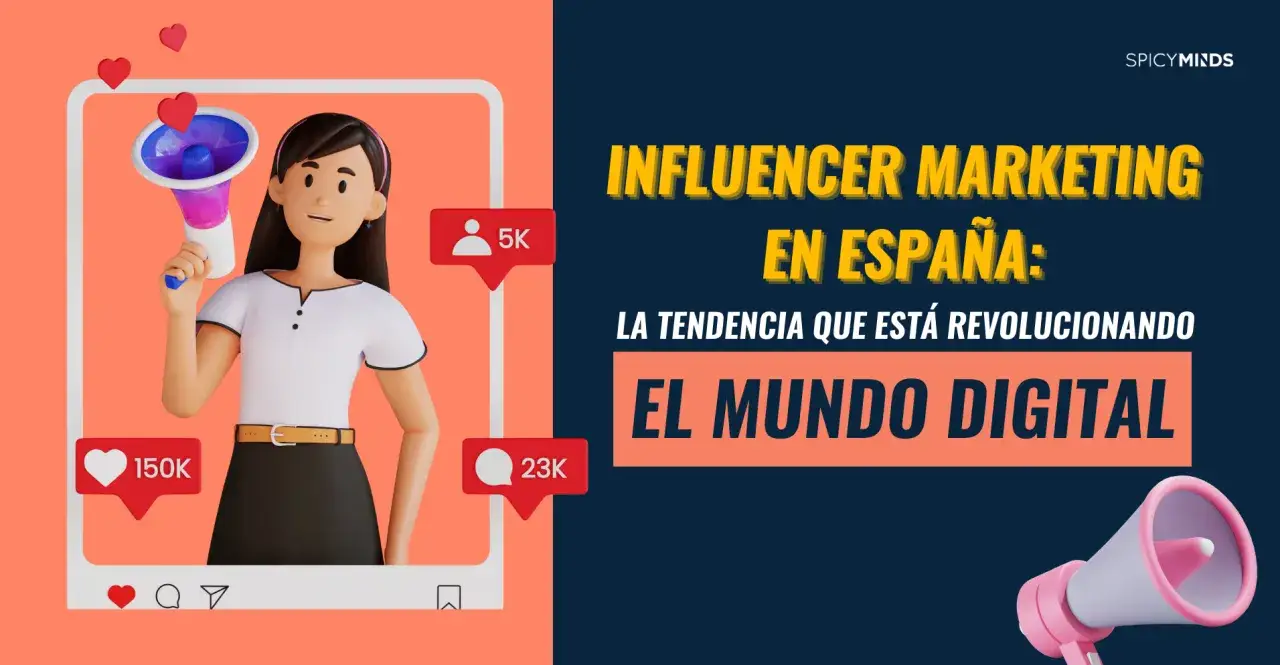 Ilustración de una influencer con megáfono y notificaciones de likes, promocionando el marketing de influencers en España.