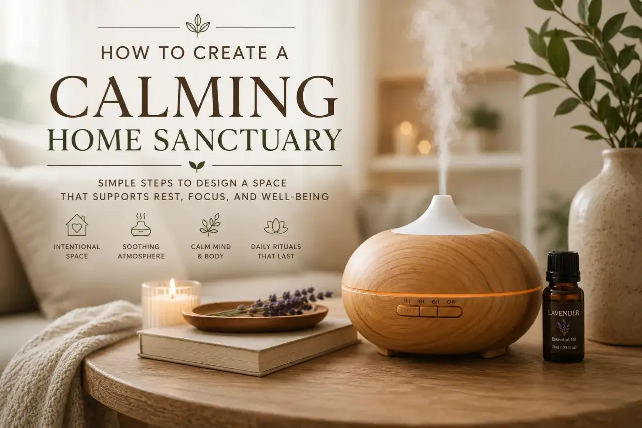 A wooden diffuser emits steam, creating a calming atmosphere for daily rituals. Lavender oil and a lit candle enhance the peaceful setting.