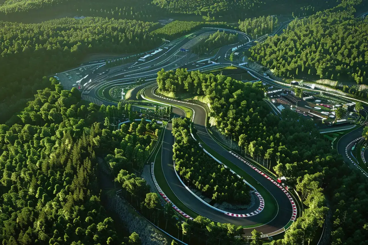 Luftaufnahme einer Rennstrecke in Deutschland, eingebettet in dichte W&auml;lder. Die asphaltierten Kurven schl&auml;ngeln sich durch die gr&uuml;ne Landschaft.