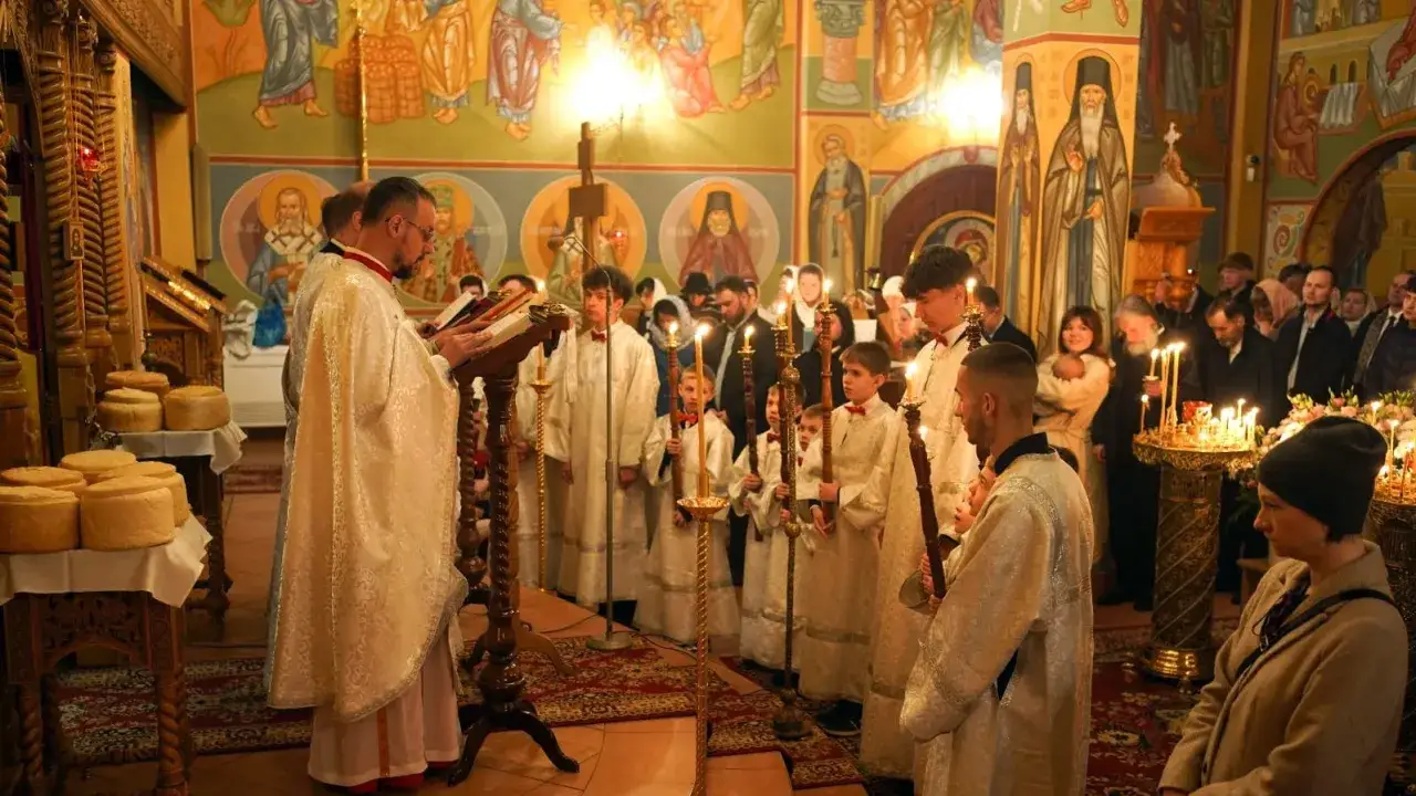 Uroczystość w cerkwi. Kapłan czyta z księgi, ministranci niosą świece. W tle wierni i ikony. Święta prawosławne.
