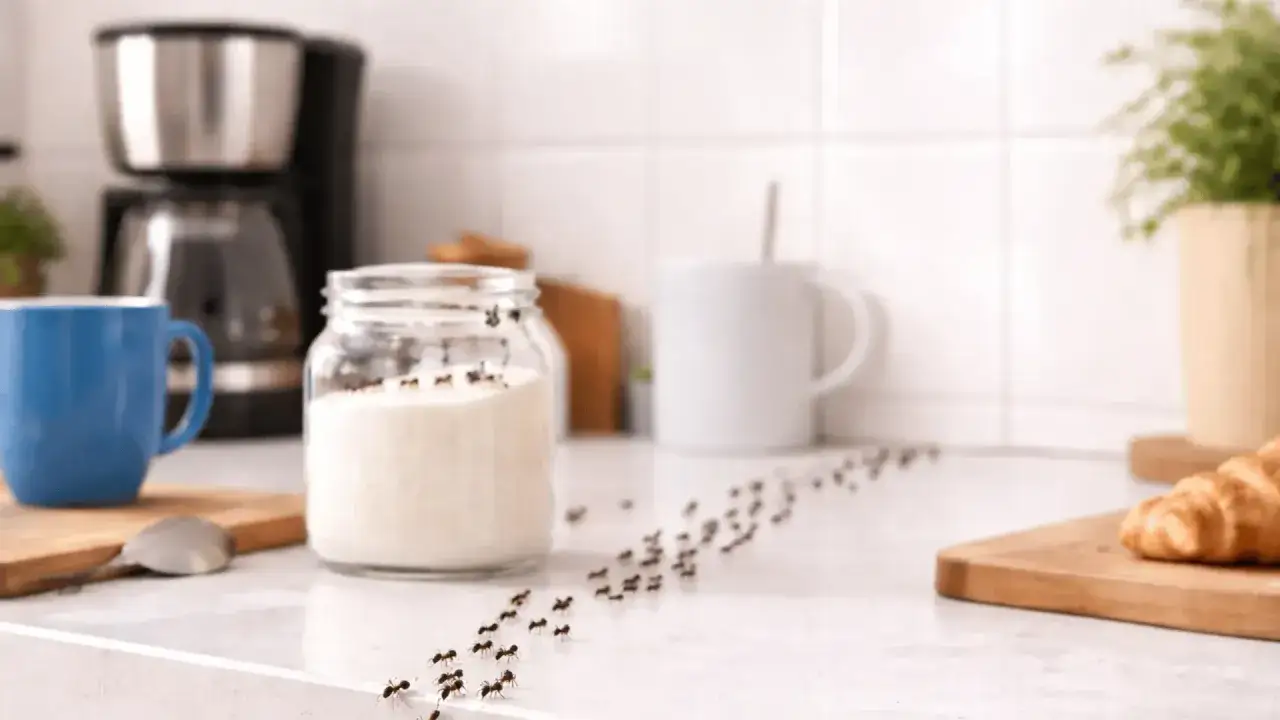 Ameisen marschieren auf einer K&uuml;chentheke zu einem Zuckerglas. Zeit, diese Ameisen loszuwerden!