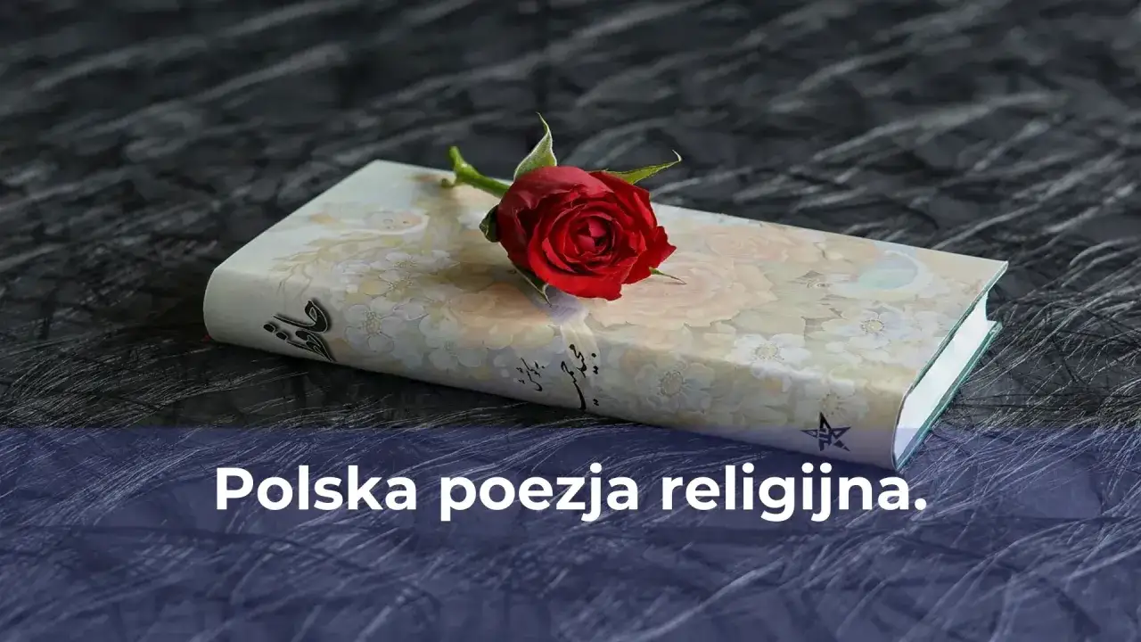 Czerwona róża na okładce książki z motywem kwiatowym. To polska poezja religijna, która porusza serce.