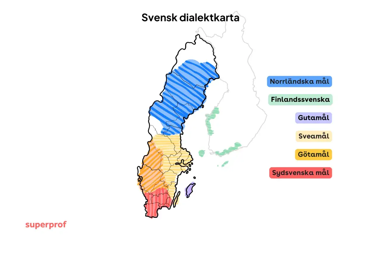 Svensk dialektkarta visar hur spr&aring;k och makt har format Sveriges dialektomr&aring;den: Norrl&auml;ndska, Finlandssvenska, G&ouml;tam&aring;l, Sveam&aring;l och Sydsvenska.