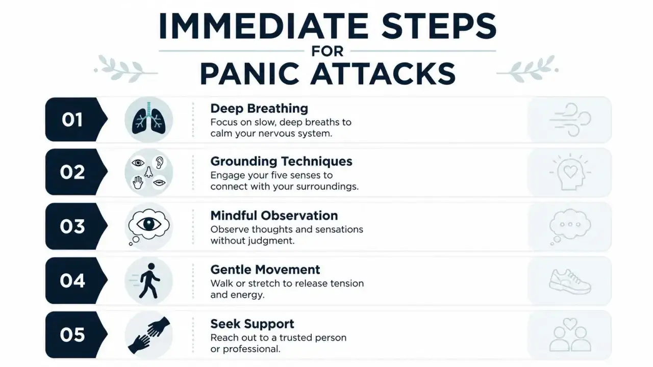 Guida rapida per gli attacchi di panico: respirazione profonda, tecniche di radicamento, osservazione consapevole, movimento dolce e ricerca di supporto. Si guarisce dagli attacchi di panico con questi passi.