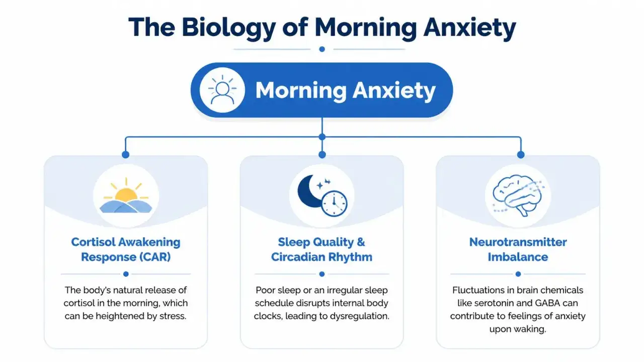 Schema sulla biologia dell'ansia mattutina: risposta al cortisolo, qualit&agrave; del sonno e squilibrio dei neurotrasmettitori, cause del malessere al risveglio.