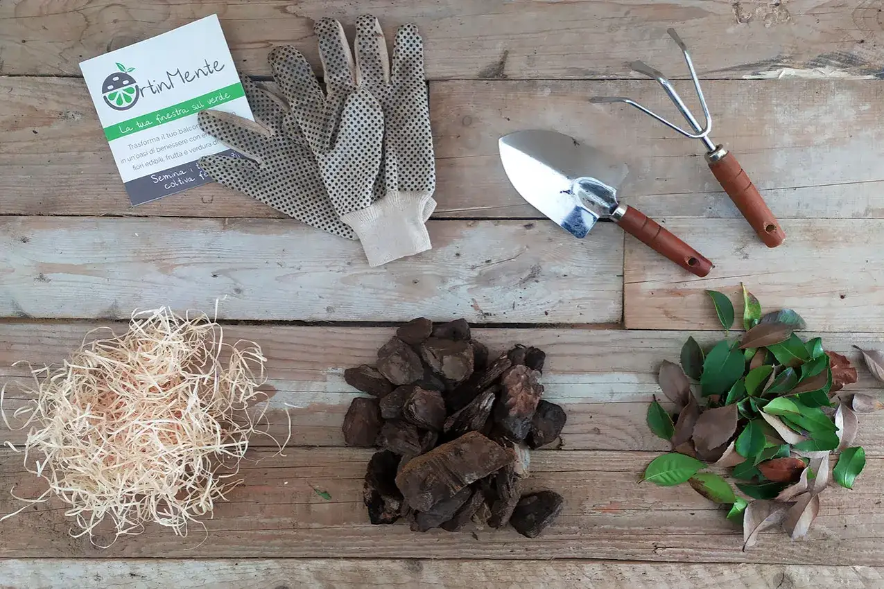 Attrezzi da giardinaggio, guanti, pacciamatura (corteccia, paglia, foglie) e un libretto. Il pacciamatura significato &egrave; coprire il terreno per proteggerlo.