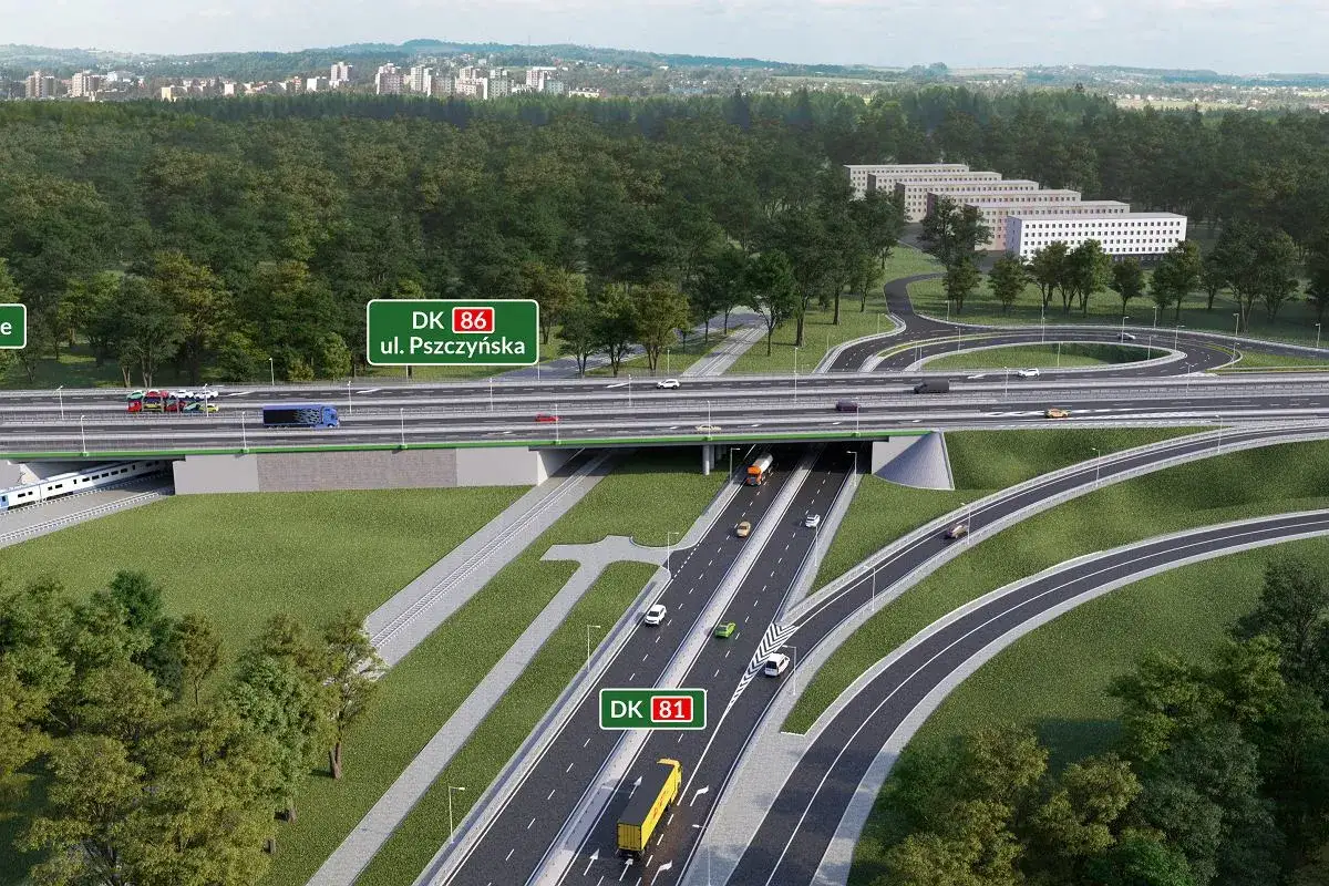 Węzeł drogowy w Katowicach z drogami DK86 i DK81. Widok z lotu ptaka na nowoczesną infrastrukturę drogową i otaczającą zieleń.