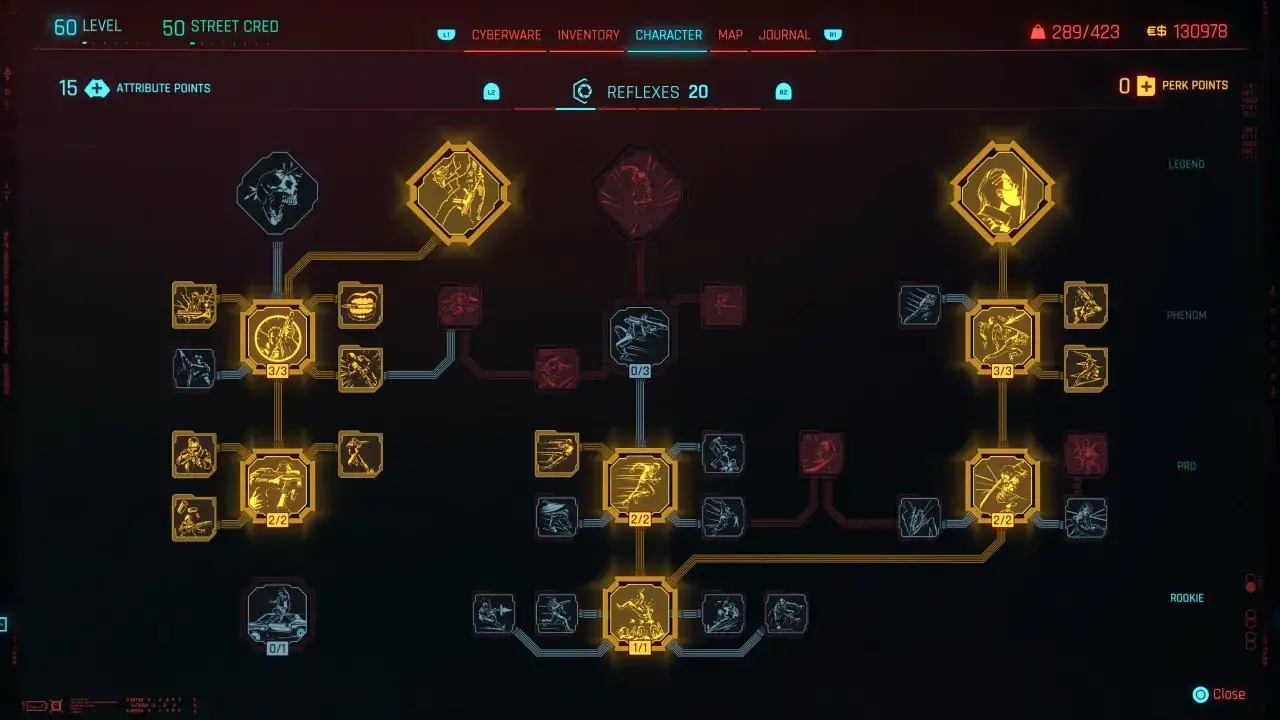 Cyberpunk maksymalny poziom: drzewko umiejętności Reflexes z odblokowanymi perkami, postać na 60 poziomie.