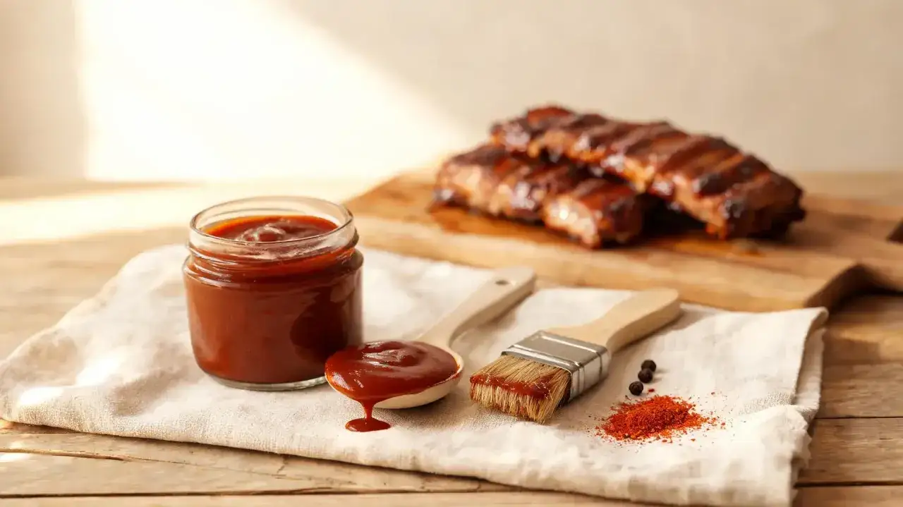 Sauce barbecue maison on a spoon, ready to glaze grilled ribs. A brush and spices complete the scene.