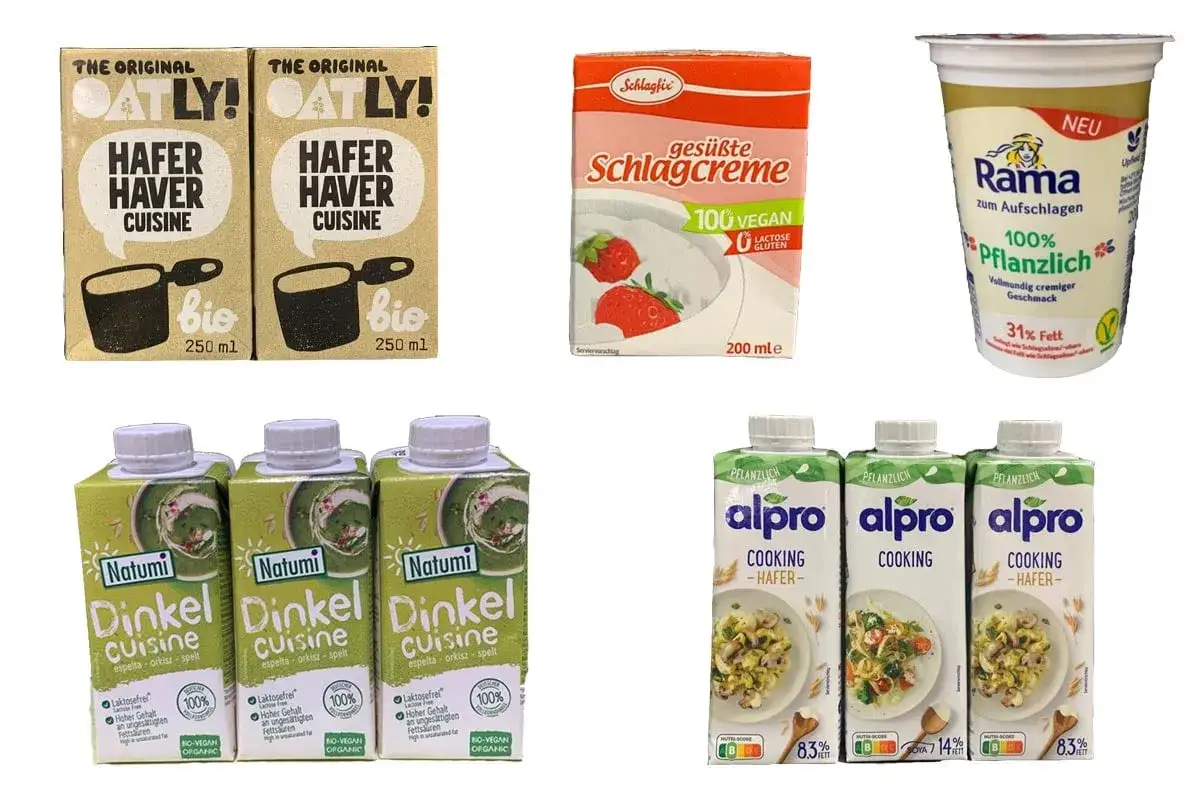 Verschiedene pflanzliche Sahne-Alternativen zum Kochen und Aufschlagen: Oatly Hafer Cuisine, Schlagfix, Rama und Alpro Hafer.