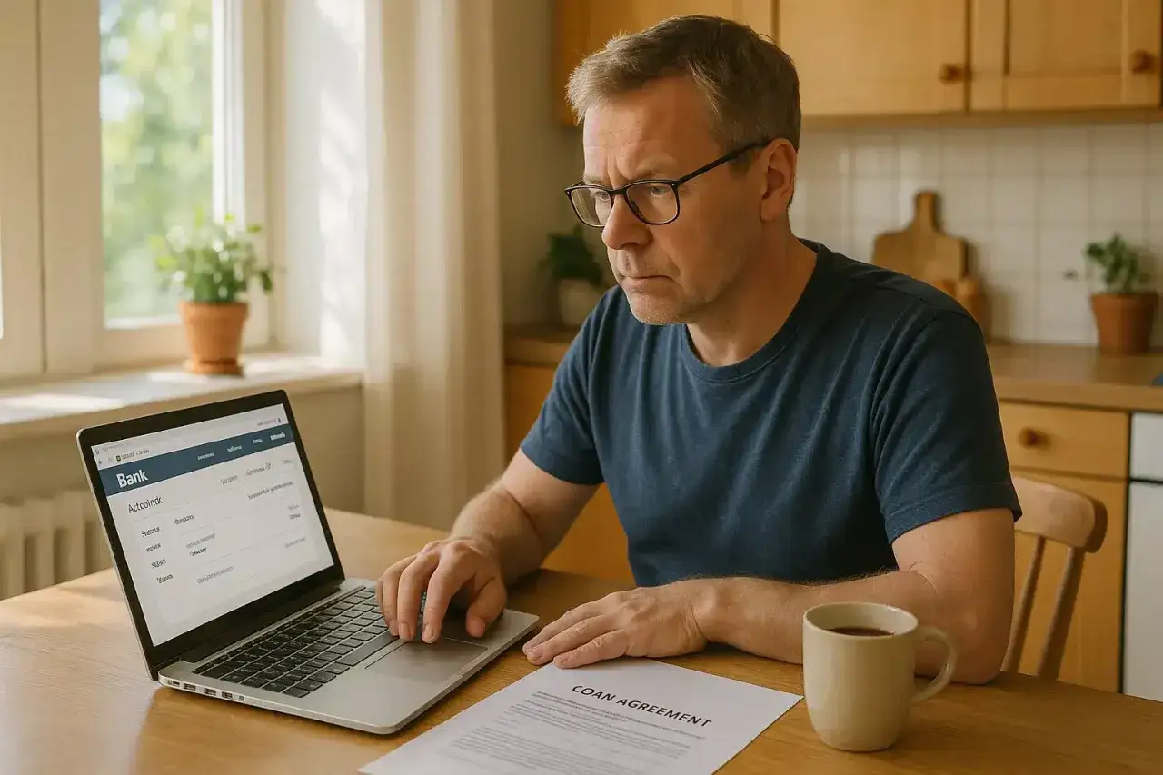 Man vid köksbordet undersöker om man kan flytta med bolån till ny bostad. En kaffekopp står bredvid datorn.
