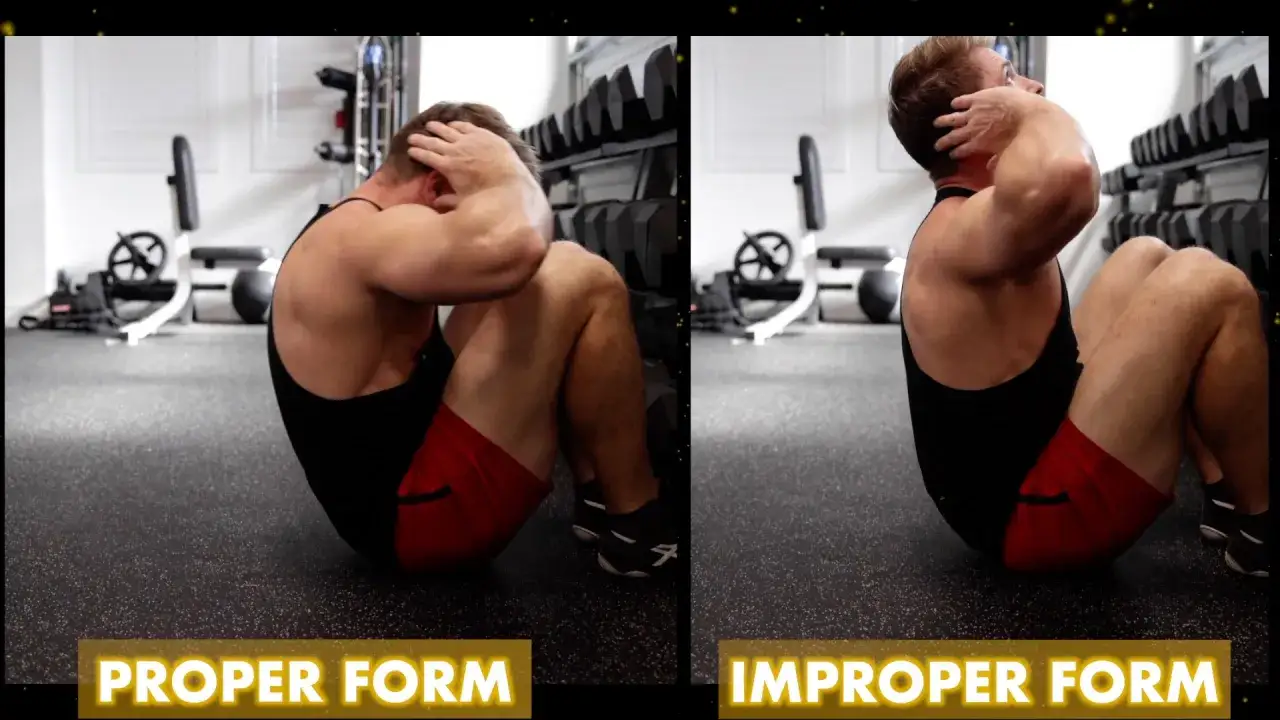 Man visar korrekt och felaktig form för sit-ups i ett gym.