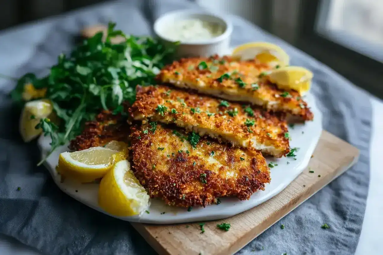 Knuspriges Blumenkohl-Schnitzel, goldbraun paniert, serviert mit frischem Rucola, Zitronenspalten und einer Dip-Schale.