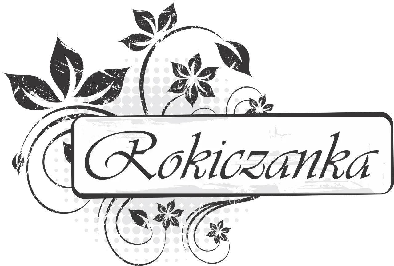 Rokiczanka hej, w dzień narodzenia tekst. Stylizowany napis na tle kwiat&oacute;w i liści.