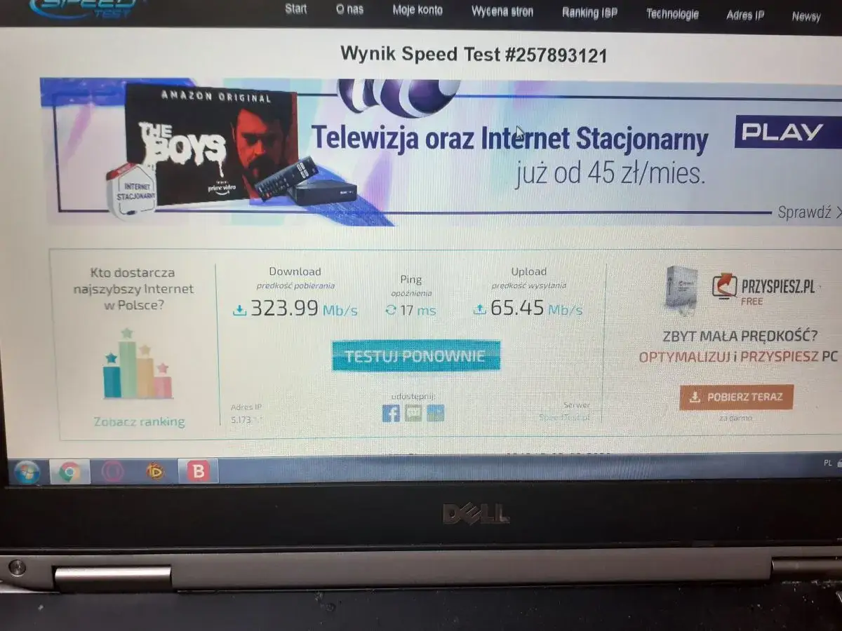 Wynik testu prędkości internetu: pobieranie 323.99 Mb/s, wysyłanie 65.45 Mb/s. To naprawdę wolny internet, ale można go przyspieszyć!