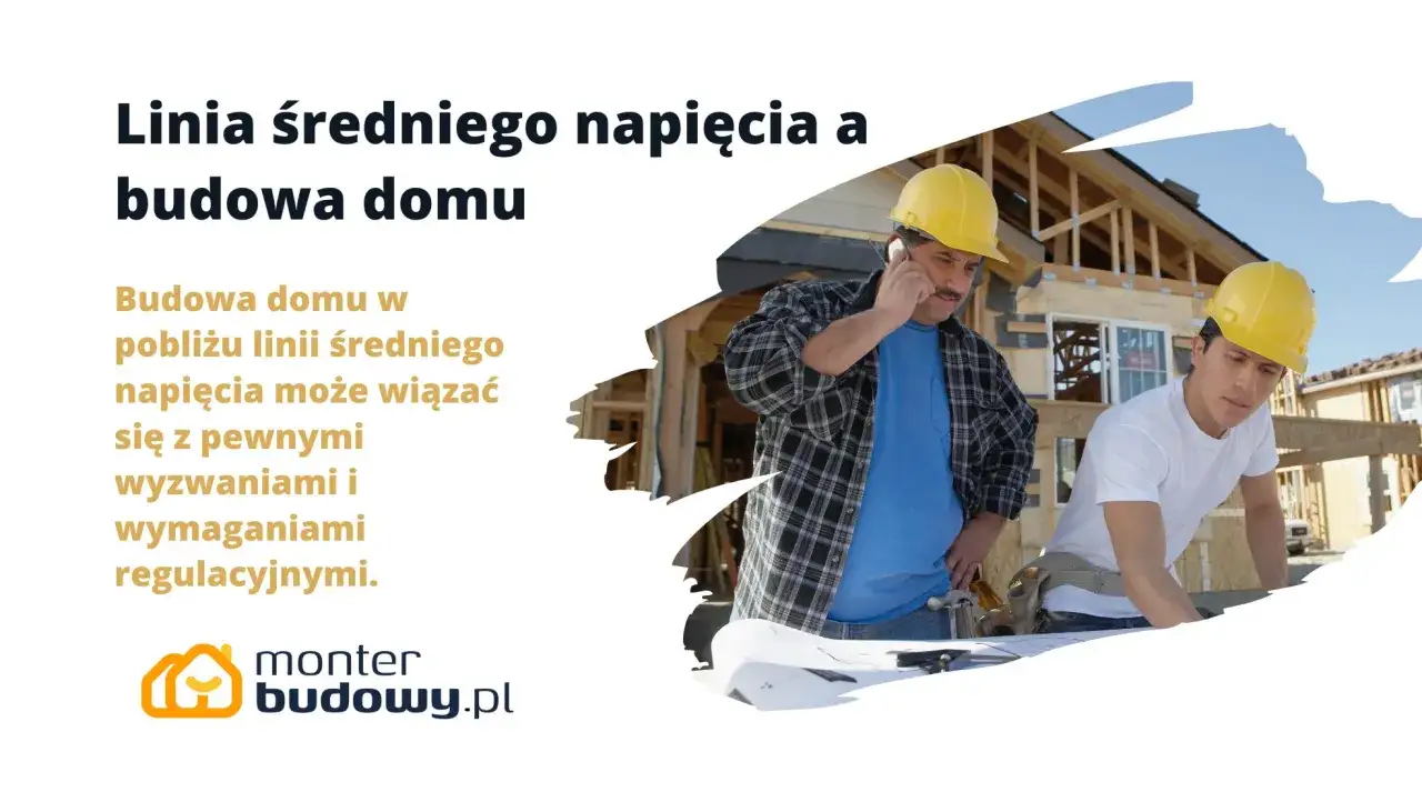 Dwóch budowlańców omawia plany budowy domu w pobliżu linii średniego napięcia.