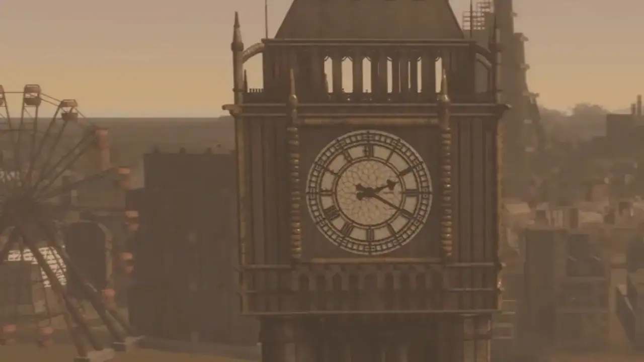 El Big Ben en ruinas, un símbolo de la desolación de Fallout London. Una noria abandonada se alza en el horizonte polvoriento.