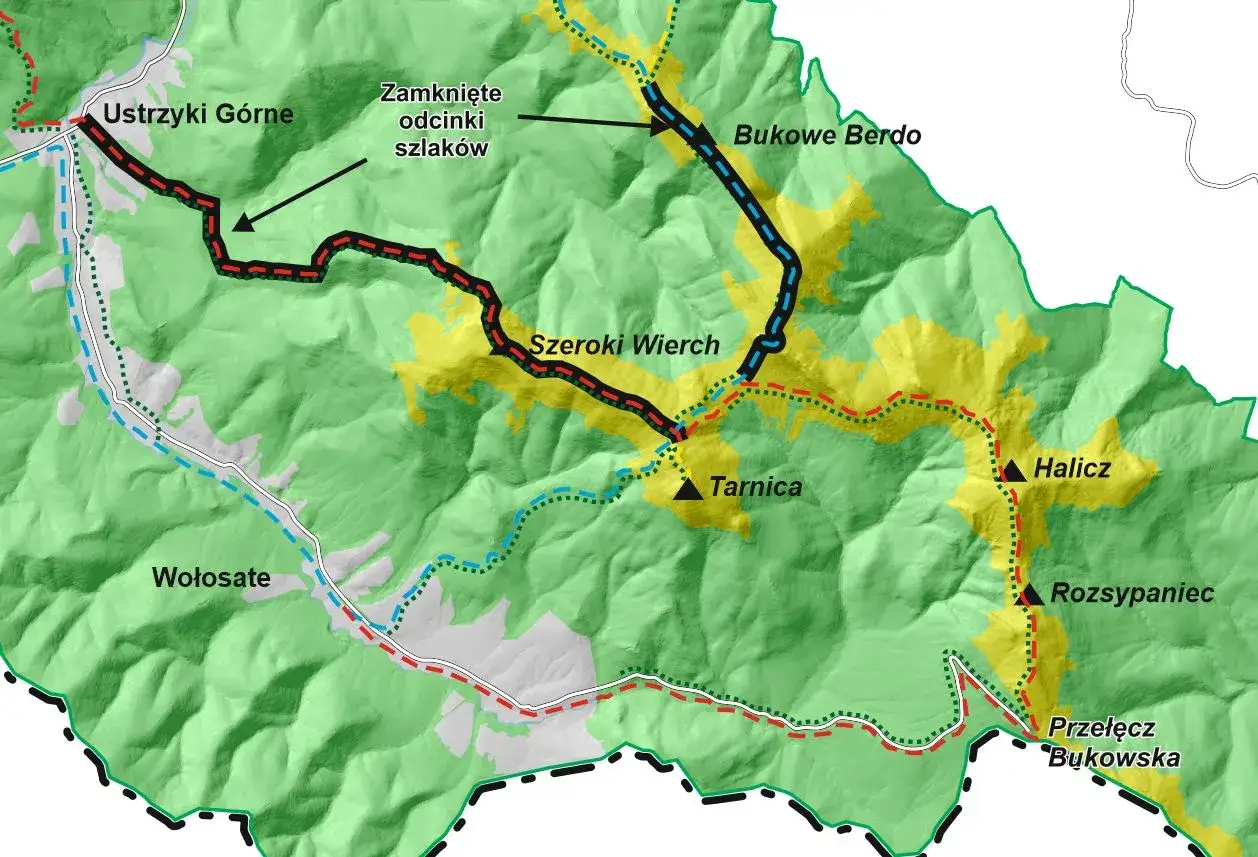 Mapa Bieszczad&oacute;w z zaznaczoną Tarnicą i Ustrzykami G&oacute;rnymi/Wołosatem