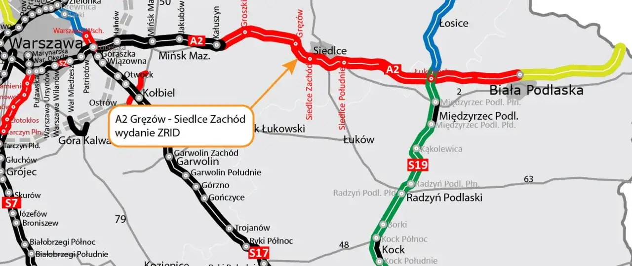Mapa drogowa z zaznaczoną autostradą A2 Siedlce - Biała Podlaska i drogą S19.