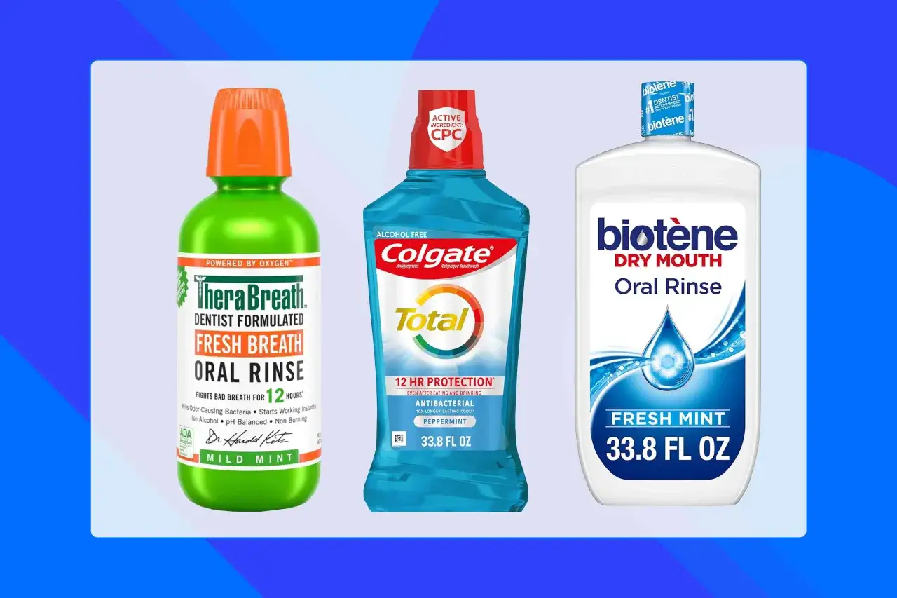 Tres enjuagues bucales: TheraBreath, Colgate Total y Biotene Dry Mouth. Ayudan a combatir la **infección** y el mal aliento.
