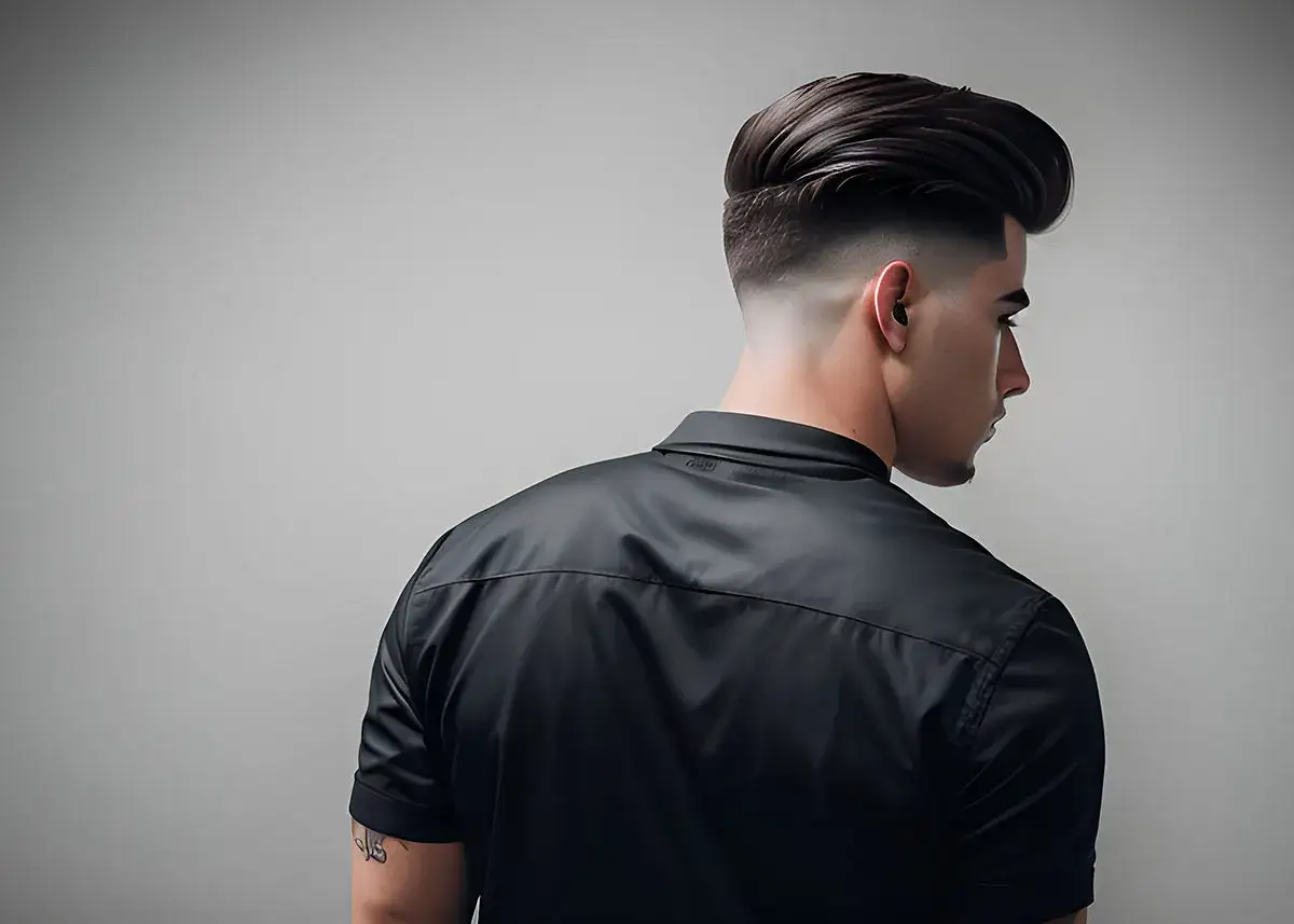 Mężczyzna z fryzurą slick back, w czarnej koszuli, z tatuażem na ramieniu.