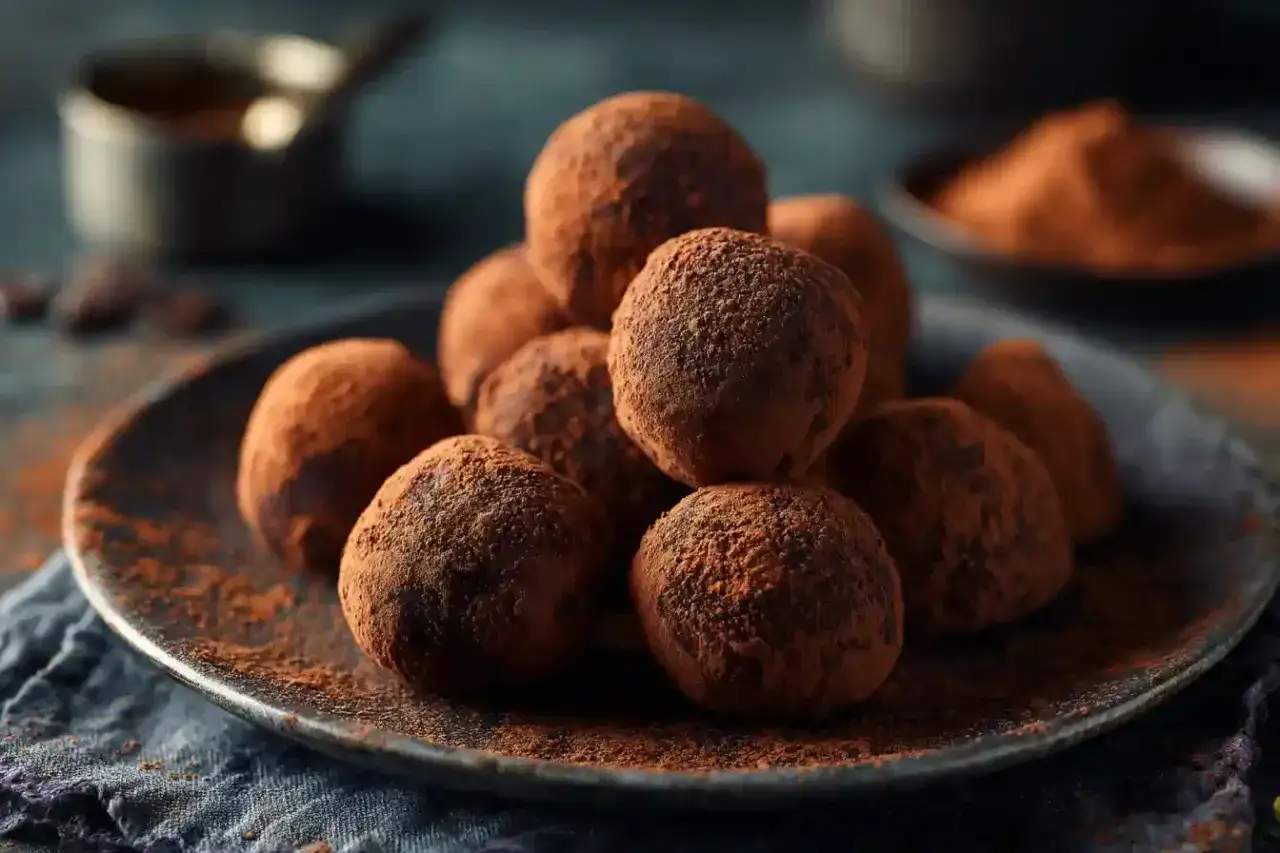 Une assiette de truffes au chocolat, parfaites pour savoir que faire avec un reste de ganache au chocolat. Saupoudrées de cacao, elles invitent à la gourmandise.