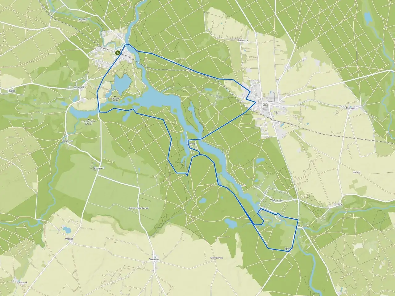 Mapa z zaznaczonymi trasami rowerowymi wokół jeziora. Widoczne miejscowości: Osie, Miedzno, Wierzchy.