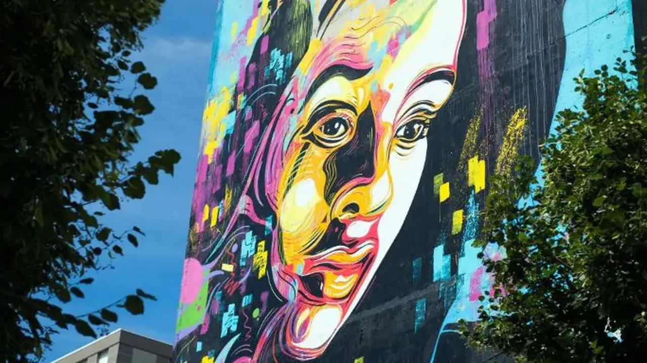 Visage coloré d'une femme sur un mur, œuvre d'un artiste street art français, avec des arbres et le ciel bleu en arrière-plan.