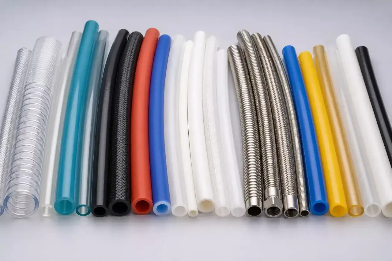 Gamme de tuyaux de diff&eacute;rentes couleurs et mat&eacute;riaux, dont un tuyau renforc&eacute; en m&eacute;tal, pour diverses applications industrielles.