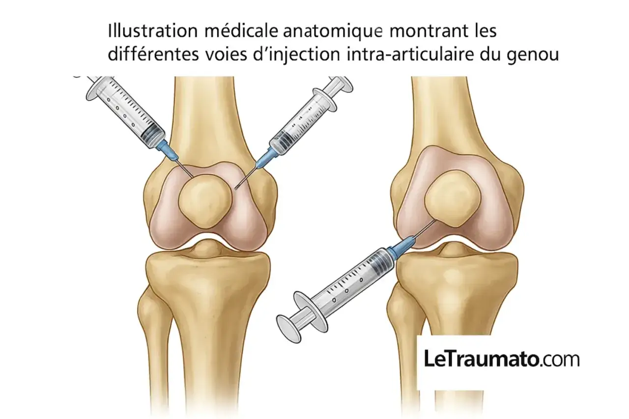 Illustration m&eacute;dicale montrant des injections intra-articulaires du genou. L'infiltration effet au bout de combien de temps d&eacute;pend de la voie choisie.