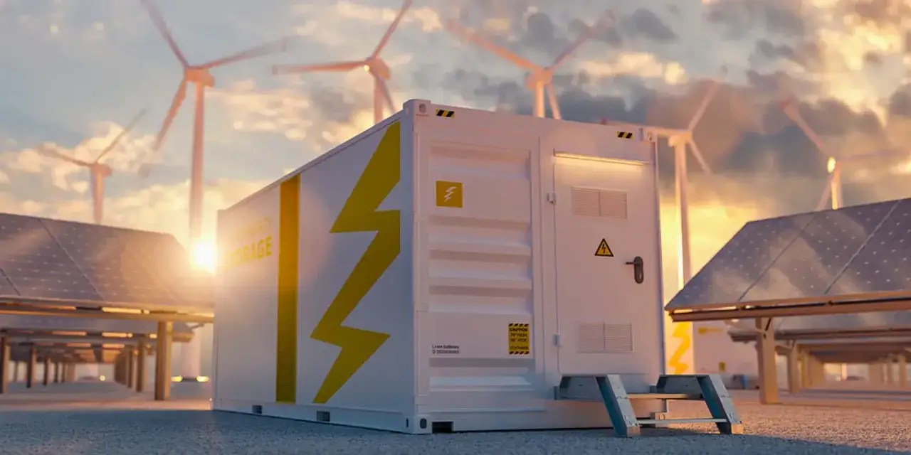 Energilagercontainer med solpaneler och vindkraftverk i bakgrunden. En symbol f&ouml;r eco kraft.