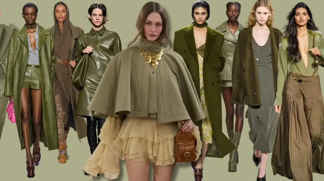 Modelos lucen prendas de la colección de otoño en tonos verdes y marrones. Abrigos largos, faldas plisadas y detalles en cuero.