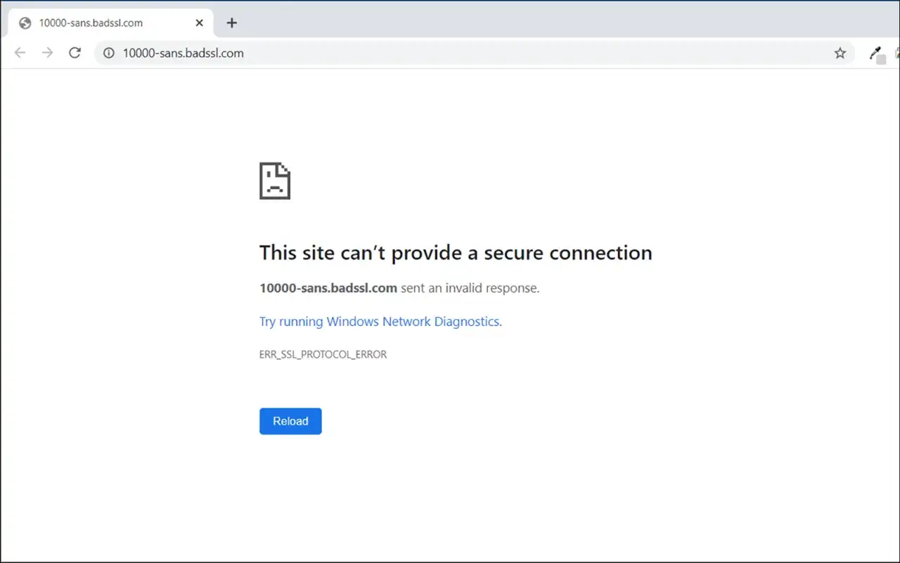 Strona 10000-sans.badssl.com nie może nawiązać bezpiecznego połączenia z powodu błędu ERR_SSL_PROTOCOL_ERROR.