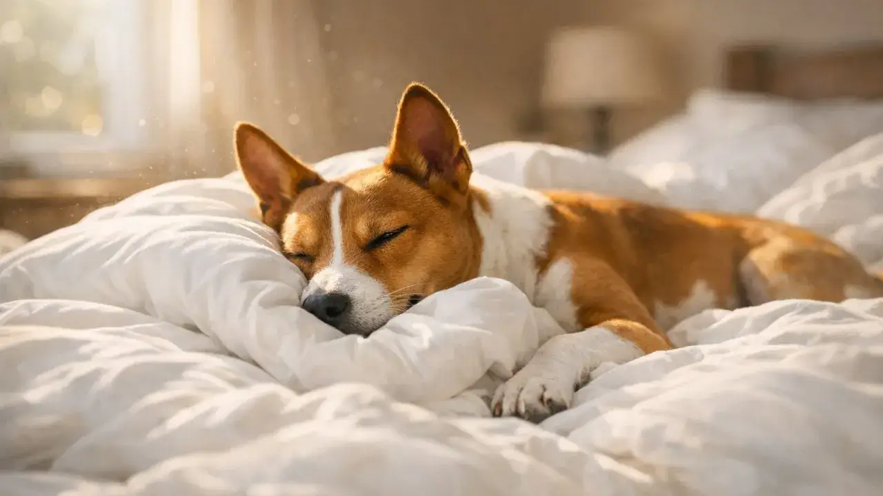 Ein braun-wei&szlig;er Hund schl&auml;ft tief und fest auf einem wei&szlig;en Bett. F&uuml;r eine gute Hygiene wird das Bett regelm&auml;&szlig;ig gewaschen.