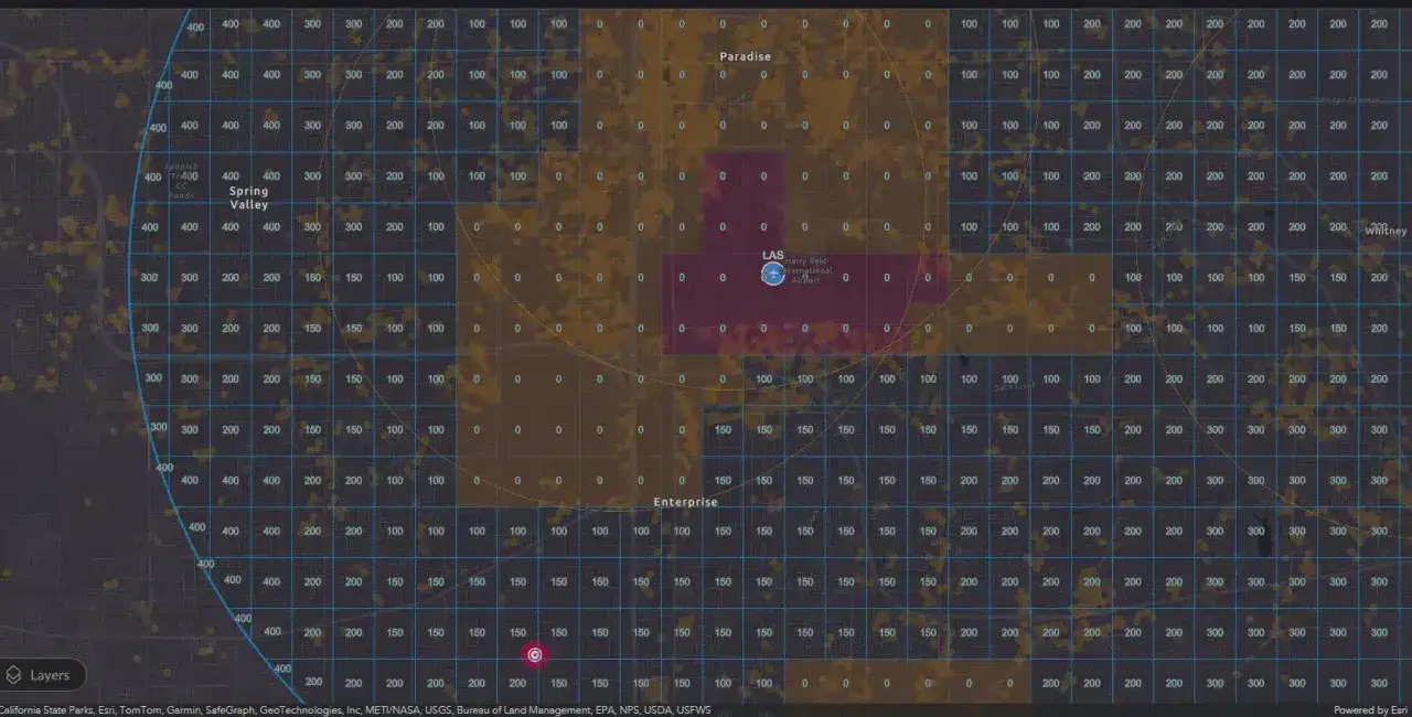 Las Vegas drone map: Fly in Spring Valley (400ft), avoid airport (0ft). Check altitude limits.