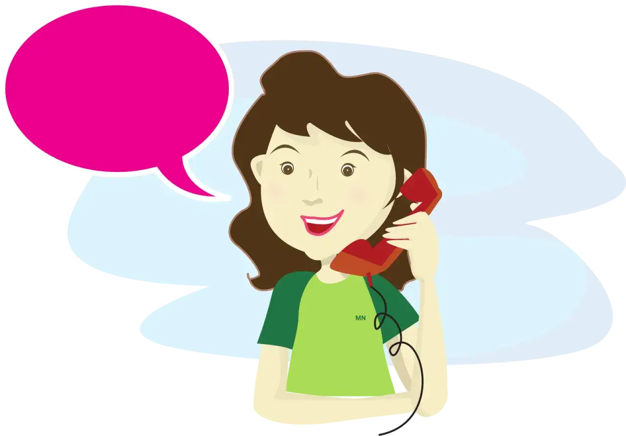 Uśmiechnięta dziewczyna rozmawia przez telefon, a obok niej duża, różowa chmurka do rozmowy. Dziękuję, merci!