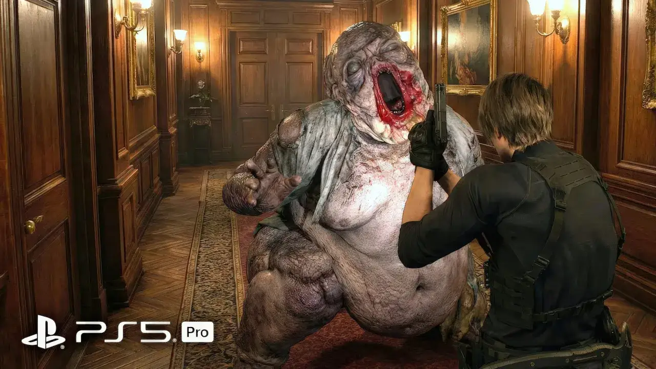 Leon walczy z potworem w Resident Evil 4 Remake na PS5. Potw&oacute;r ma otwartą paszczę, a Leon celuje do niego z pistoletu.